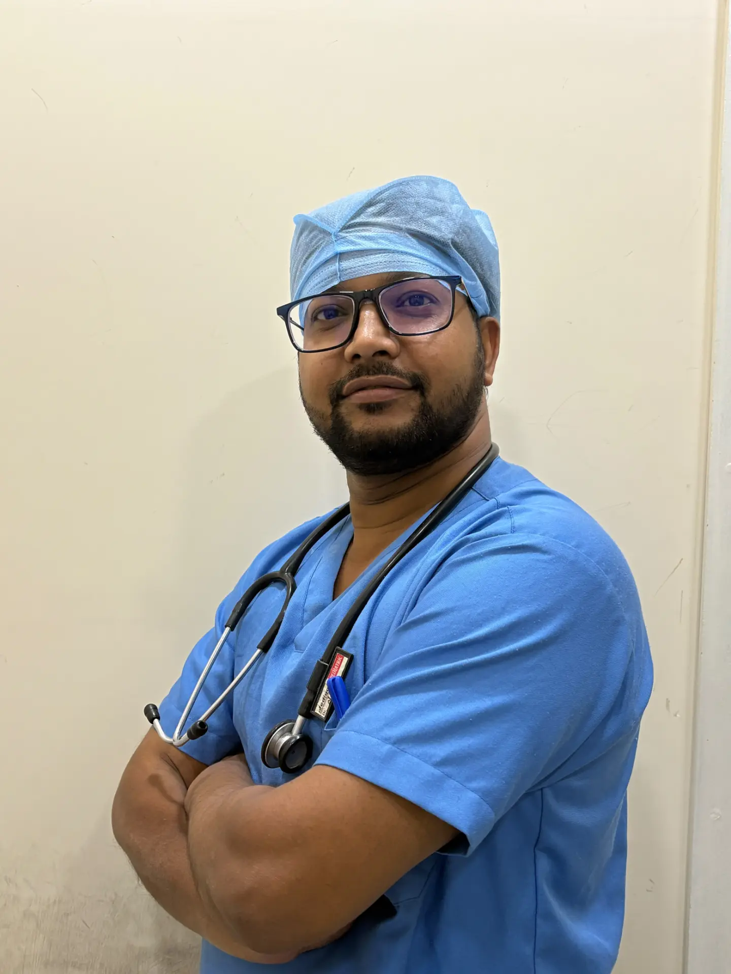 Dr. Vishwanath, paediatrician, in scrubs with stethoscope in Rohini, Delhi